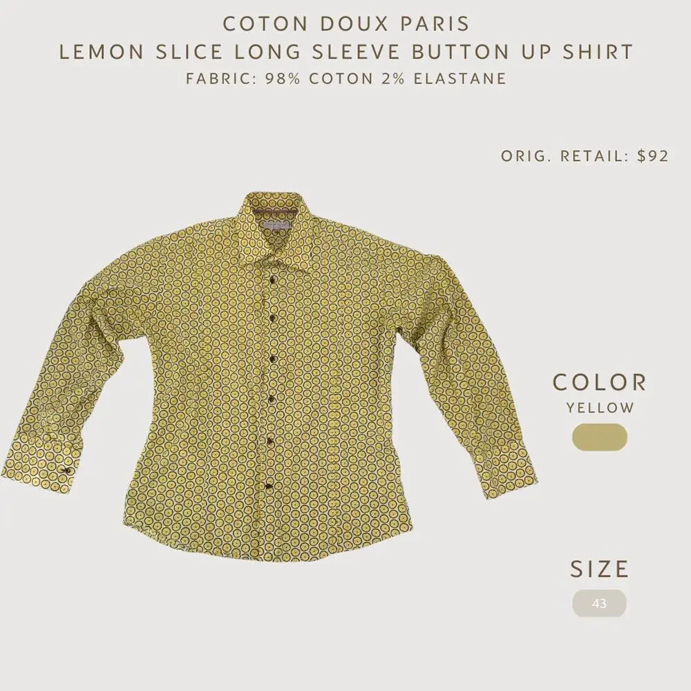 Coton Doux Paris Lemon Print Button Up 43 L - Picture 2 of 9